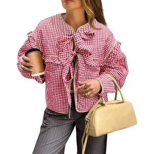 Women’s Red Plaid Quilted Cropped Jacket Tie Front Ruffled Puffer Coat
